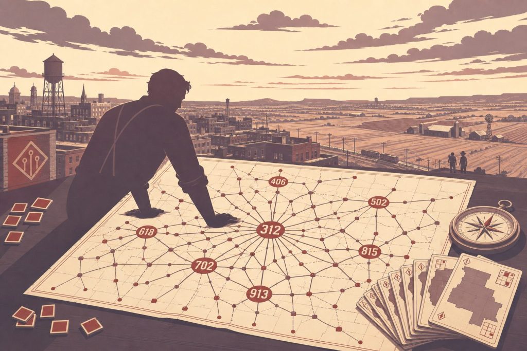 Stylized editorial illustration of a telephone area code routing map over a golden-hour American landscape