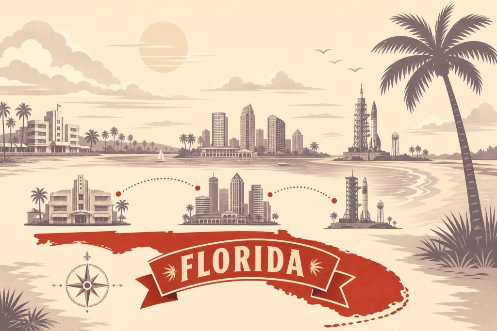 Stylized travel-poster map of Florida showing area code regions from Miami to Tampa in brick red and mauve-gray